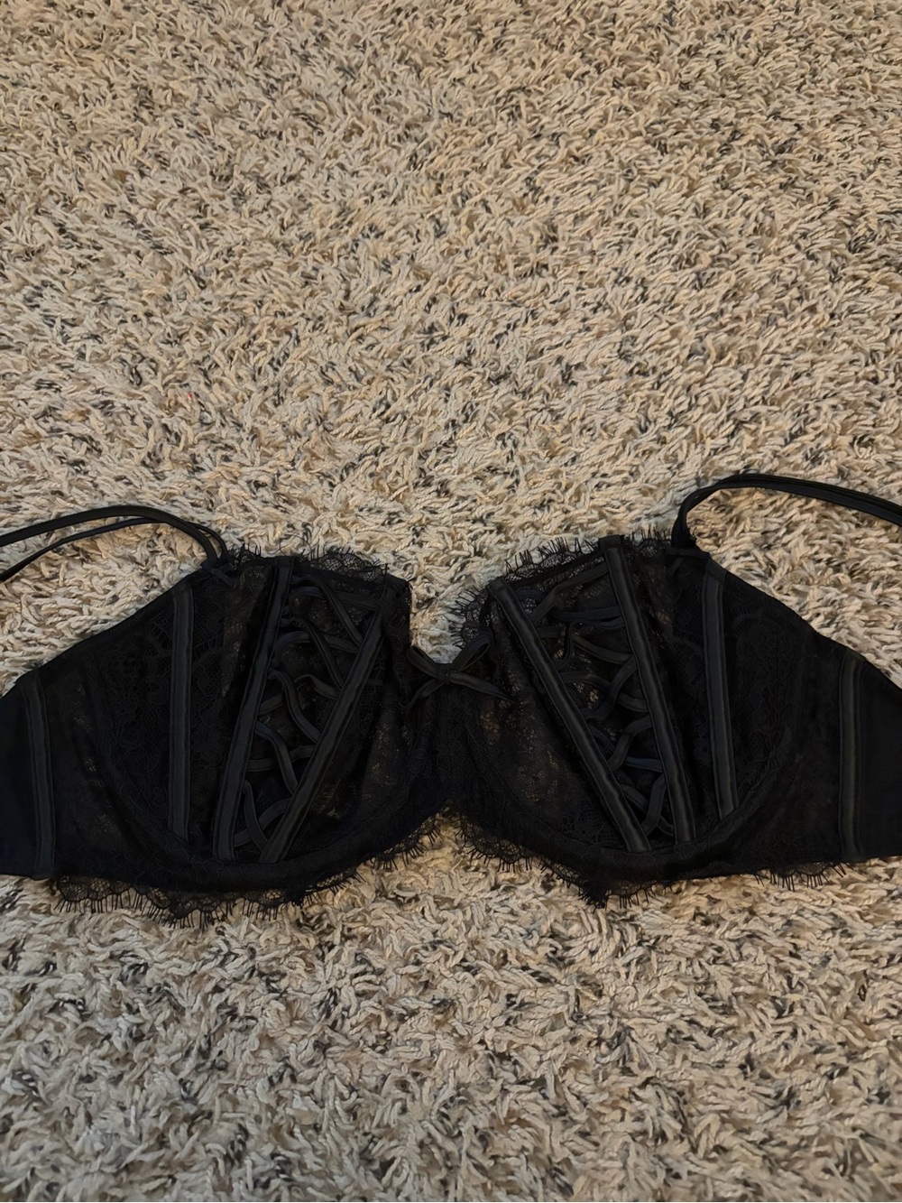 Victoria's Secret Black Lace Balconette Bra with Lace-Up Detail